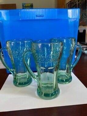 3 Vintage Libbey Coca Cola Green Handled Mug Never used, Heavy Glass